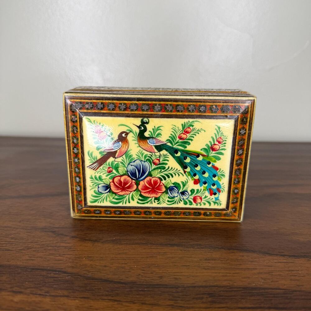 Vintage Peacock Trinket Box Hand Painted Lacquer Floral Inlaid Wood - Picture 1 of 10